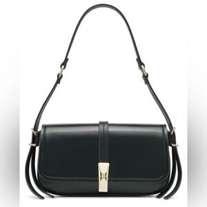 HALSTON Freya M Black Faux Leather Gold Tone Double Strap Detail Crossbody Bag